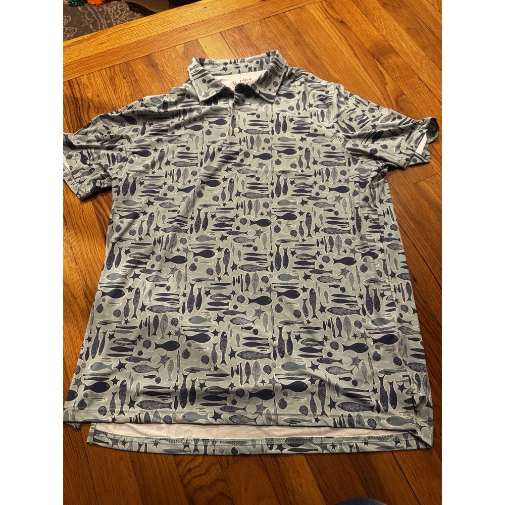 Reyn Spooner Alfred Shaheen Blue Fish‎ All Over Print SS Short Button Up Polo L